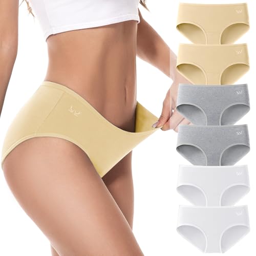 PULIOU Unterhosen Damen Baumwolle Stretch Unterwäsche Frauen Slips Mittel Taille Atmungsaktiv Panties Hipster Mehrpack 6er Pack, Weiß Beige Grau XXL von PULIOU