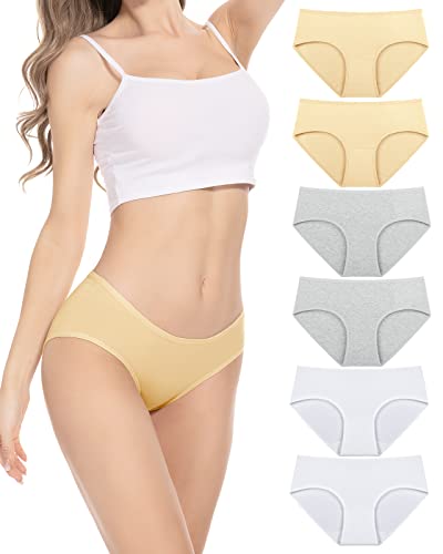 PULIOU Unterhosen Damen Baumwolle Stretch Unterwäsche Frauen Slips Mittel Taille Atmungsaktiv Panties Hipster Mehrpack 6er Pack, Weiß Beige Grau L von PULIOU