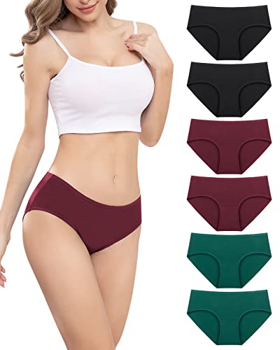 PULIOU Unterhosen Damen Baumwolle Stretch Unterwäsche Frauen Slips Mittel Taille Atmungsaktiv Panties Hipster Mehrpack 6er Pack, Schwarz Rot Grün XL von PULIOU