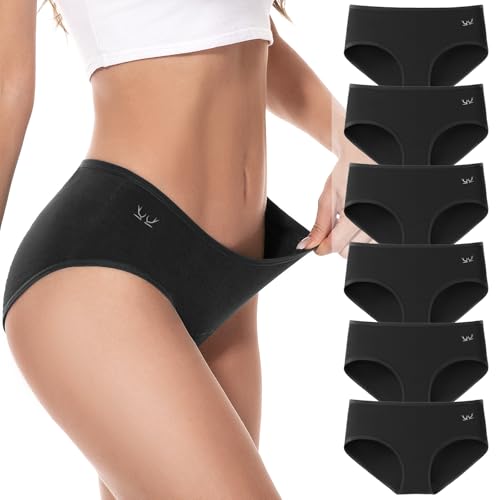 PULIOU Unterhosen Damen Baumwolle Stretch Unterwäsche Frauen Slips Mittel Taille Atmungsaktiv Panties Hipster Mehrpack 6er Pack, Schwarz XXL von PULIOU