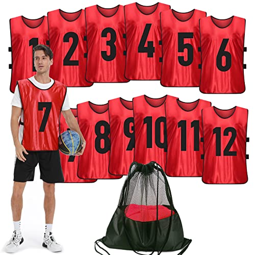 PULUOMASI Scrimmage Trainingsweste (12 Stück) Team Sports Pinnies Trikots für Erwachsene Jugendliche Fußball-Lätzchen nummerierte Übungs-Trikots, rot, X-Large von PULUOMASI
