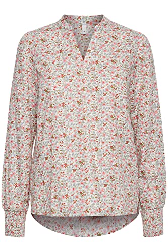 PULZ JEANS PZJULIANE Blouse Damen Bluse mit V-Ausschnit und schmalem Stehkragen Langarm mit floralem Print aus 100% Baumwolle, Größe:XXL, Farbe:Pink Flower Print (201398) von PULZ JEANS