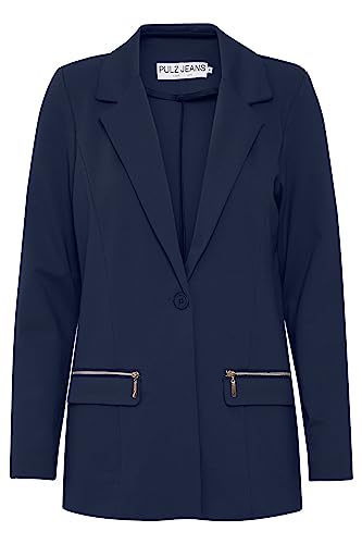 Pulz Jeans PZKIRA Blazer Damen Blazer Longblazer Jacke mit Reverskragen und Knopf mit Reißverschluss mit Stretch, Größe:2XL, Farbe:Dark Sapphire (194020) von Pulz Jeans