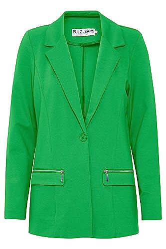 Pulz Jeans PZKIRA Blazer Damen Blazer Longblazer Jacke mit Reverskragen und Knopf mit Reißverschluss mit Stretch, Größe:2XL, Farbe:Fern Green (176153) von Pulz Jeans