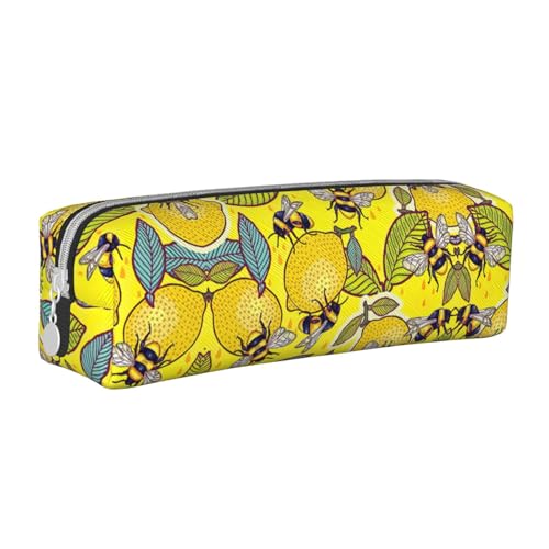 Federmäppchen aus Leder mit Blumen und Blättern, dreidimensionales Federmäppchen mit großem Fassungsvermögen, langlebig, praktisch, tragbar, Gelbe Zitrone und Biene, Einheitsgröße von PULaif