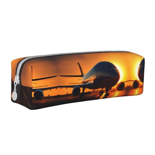 Federmäppchen aus Leder mit Reißverschluss, dreidimensionales Federmäppchen mit großem Fassungsvermögen, langlebig, praktisch, tragbar, Flugzeug bei Sonnenuntergang, Einheitsgröße von PULaif