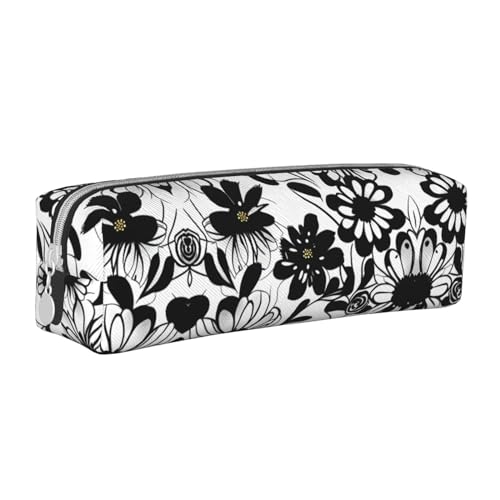 Federmäppchen für Cocktailgläser und Weinflaschen, Leder, mit Reißverschluss, dreidimensionales Federmäppchen mit großem Fassungsvermögen, langlebig, praktisch, tragbar, Schwarz-weiße Blumen, von PULaif