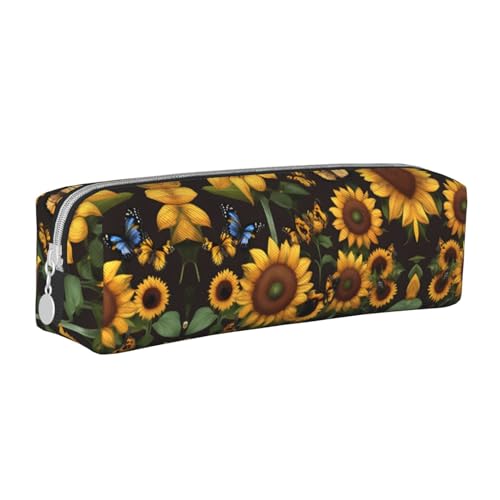 Federmäppchen mit Weltkarte, Leder, mit Reißverschluss, dreidimensionales Federmäppchen mit großem Fassungsvermögen, langlebig, praktisch, tragbar, Sonnenblumen-Blumen- und Schmetterlingskunst, von PULaif