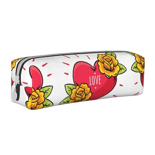 Piggy Leder-Federmäppchen mit Reißverschluss, dreidimensionales Federmäppchen mit großem Fassungsvermögen, langlebig, praktisch, tragbar, Herz und Blumen, Einheitsgröße von PULaif