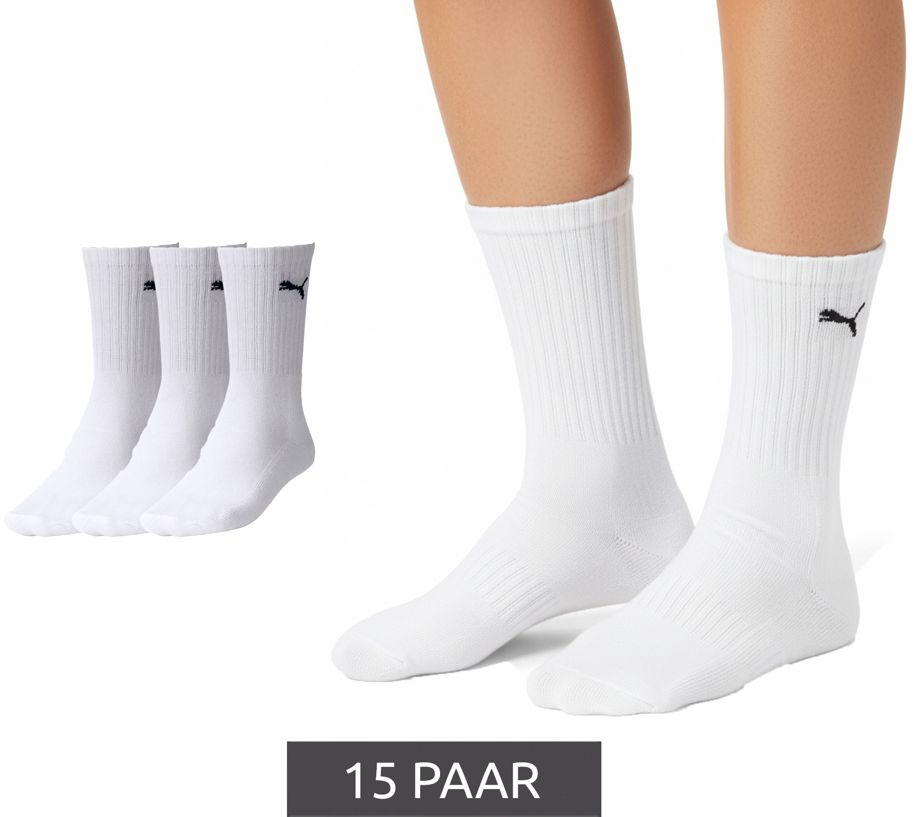15 Paar PUMA schlichte Damen Sport-Socken Baumwoll-Socken Kinder Tennis-Socken lange Strümpfe 7308 300 Weiß von PUMA