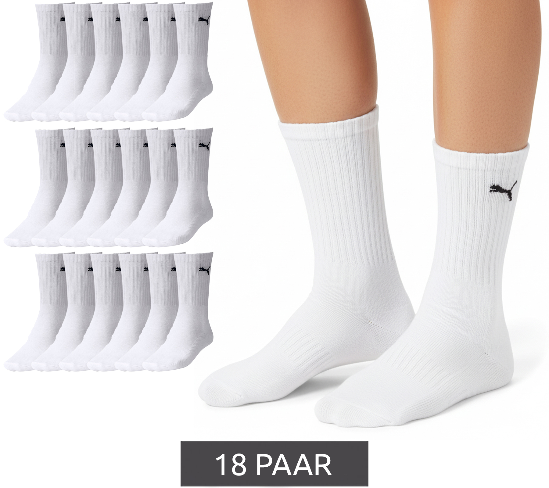 18 Paar PUMA schlichte Sport-Socken Baumwoll-Socken Tennis-Socken lange Strümpfe 7308 300 Weiß von PUMA