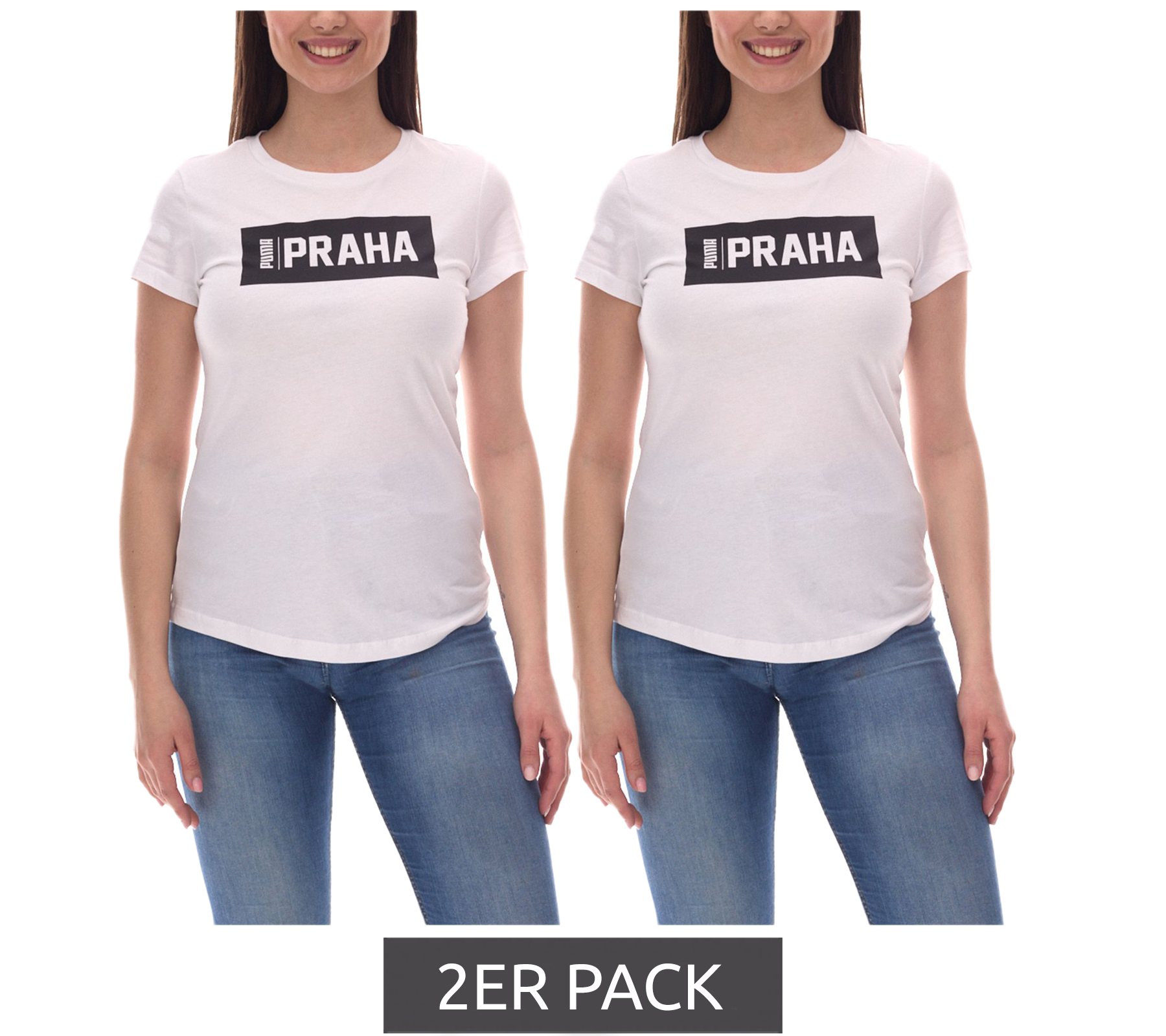 2er Pack PUMA City Damen Baumwoll-Shirt mit Praha/Prag Schriftzug Kurzarm-Shirt Rundhals-Shirt Sparpack 575957 20 Weiß/Schwarz von PUMA