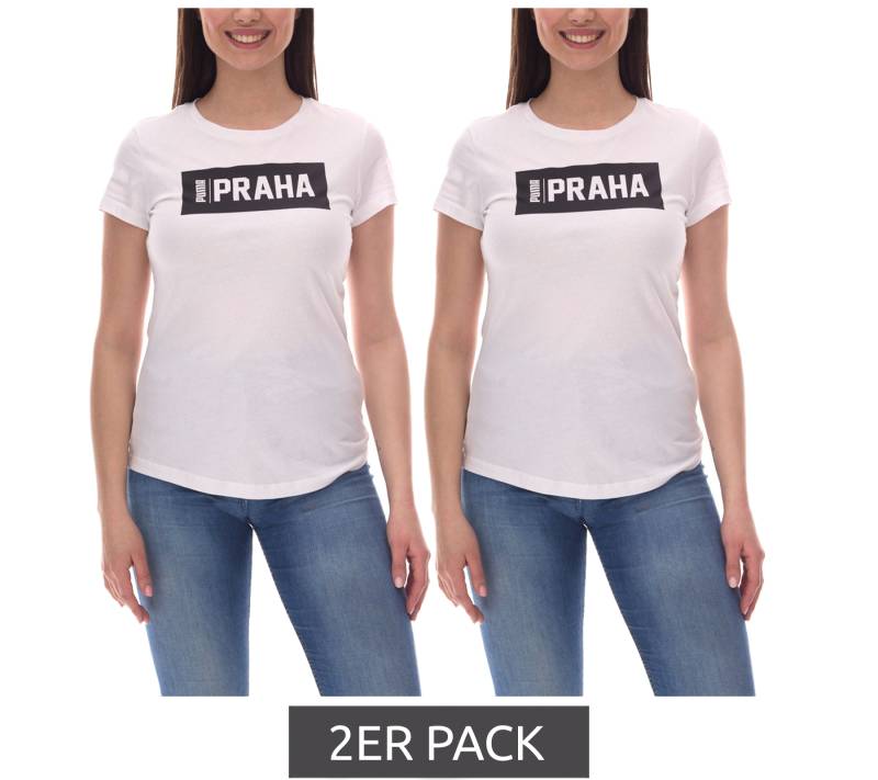 2er Pack PUMA City Damen Baumwoll-Shirt mit Praha/Prag Schriftzug Kurzarm-Shirt Rundhals-Shirt Sparpack 575957 20 Weiß/Schwarz von PUMA