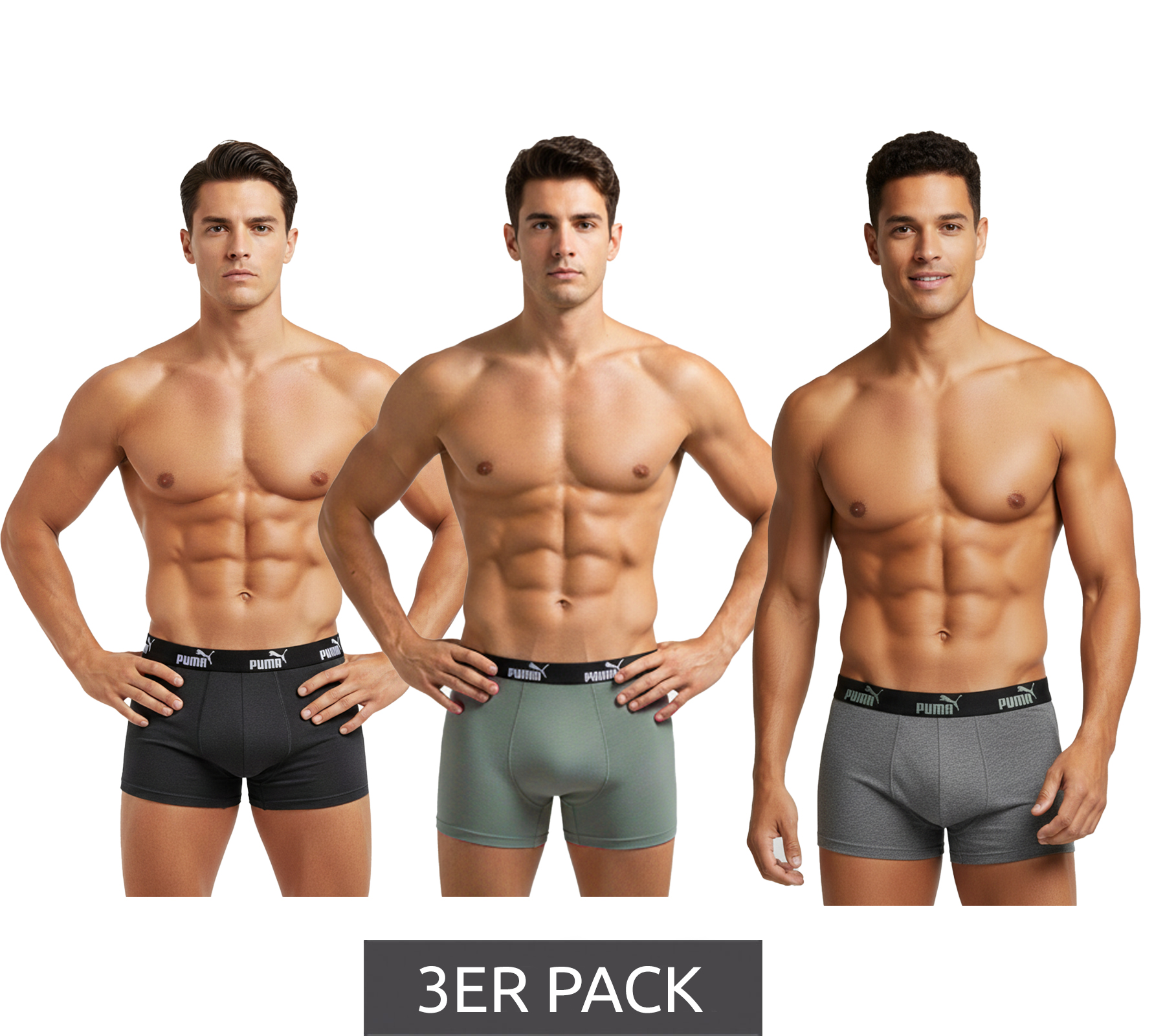 3er Pack PUMA Basic Boxer Herren Boxer-Shorts Baumwoll-Unterhose Unterwäsche 100003547 001 Schwarz/Grau-meliert/Grün von PUMA