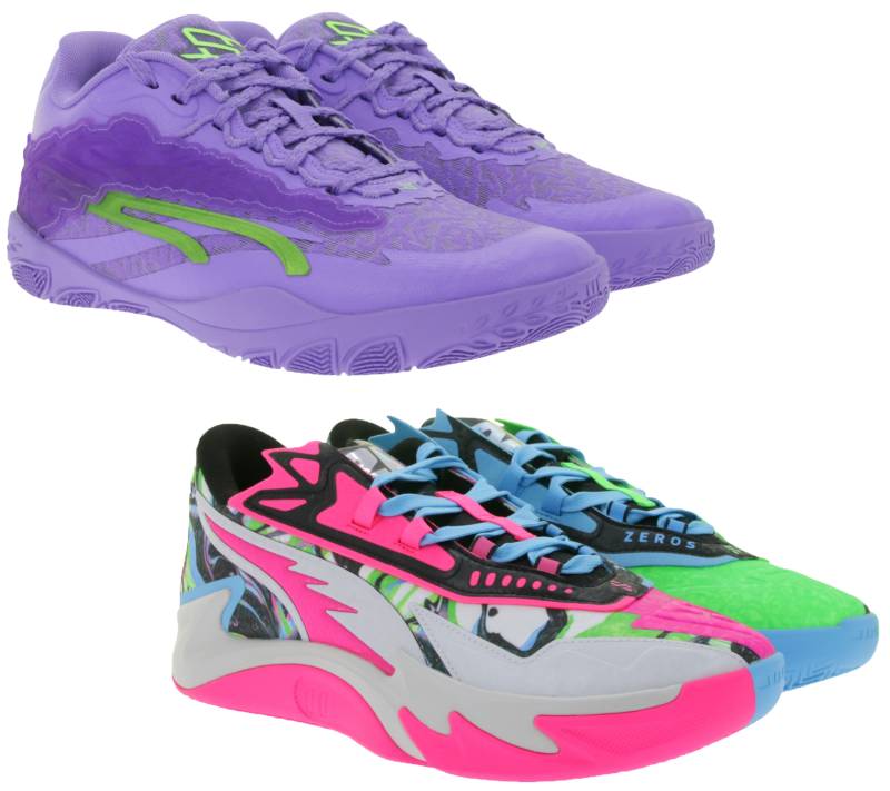 Dynamische PUMA Scoot Zero II NBA 2K oder Stewie 3 Lace Em Up Herren Basketball-Schuhe mit NITRO FOAM und PWRTAPE Damen Hallen-Schuhe Bunt oder Violett von PUMA