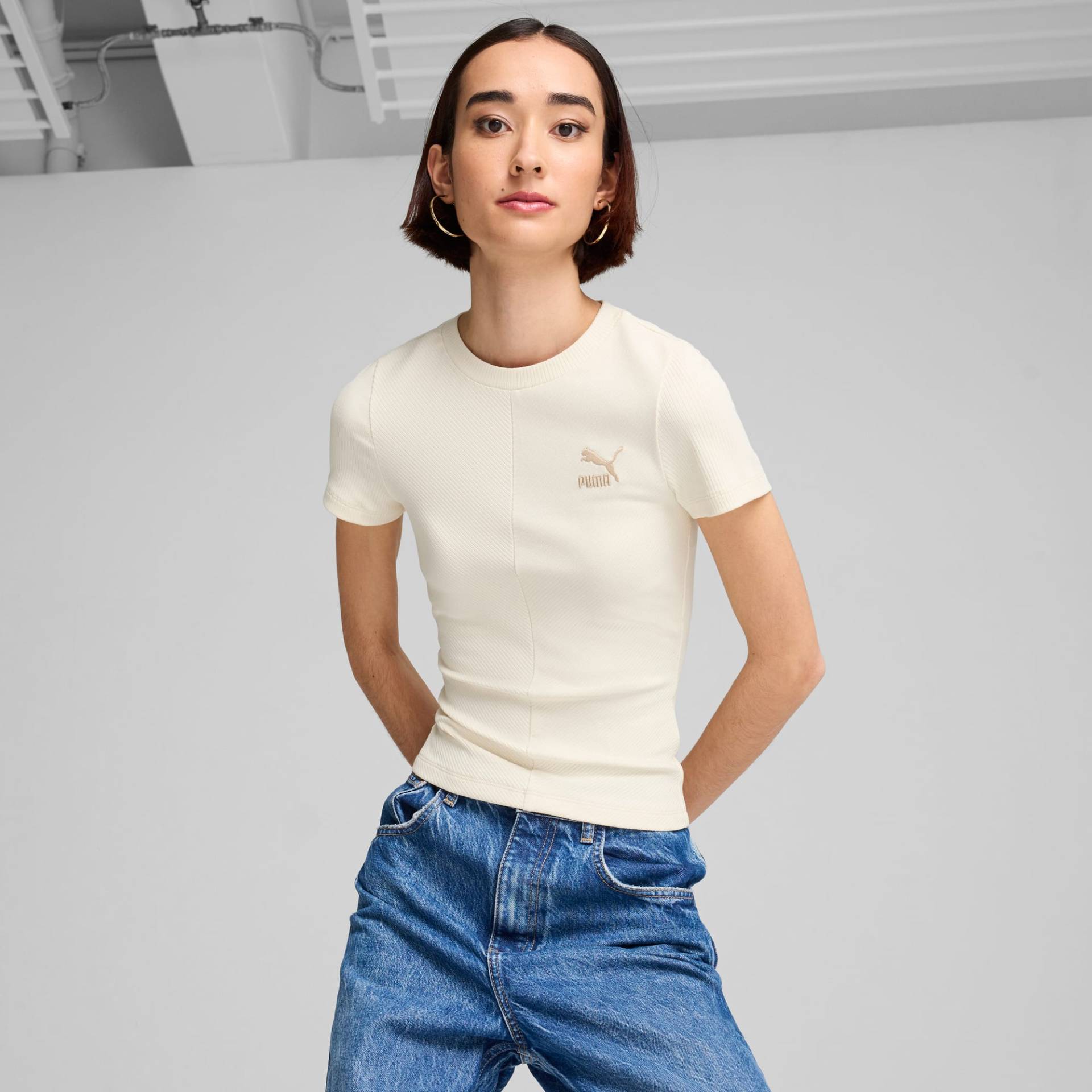 PUMA CLASSICS Geripptes Slim T-Shirt Damen, Mehrfarbig, Größe: S, Kleidung von PUMA