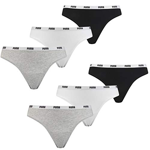 PUMA Damen Unterwäsche Unterhosen 6 String Thong (2x3) im Vorteilspack (White/Grey/Black, M) von PUMA