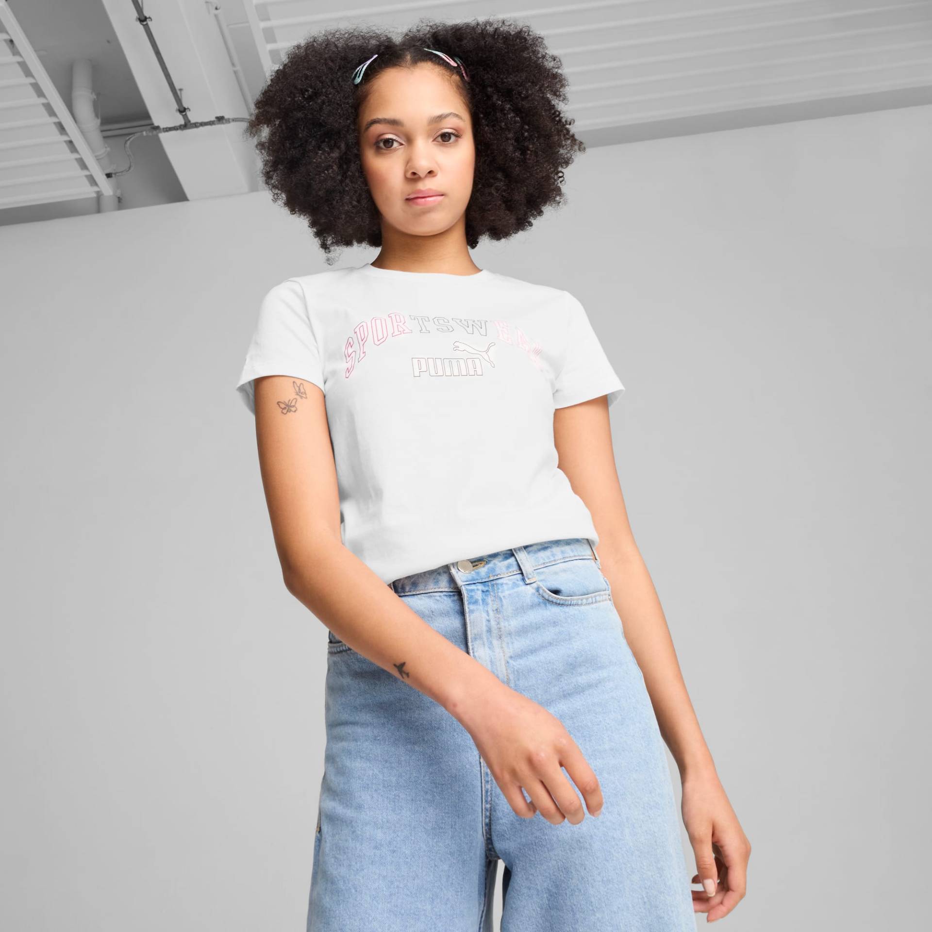 PUMA ESS+ LOGO LAB T-Shirt Damen, Weiß, Größe: S, Kleidung von PUMA