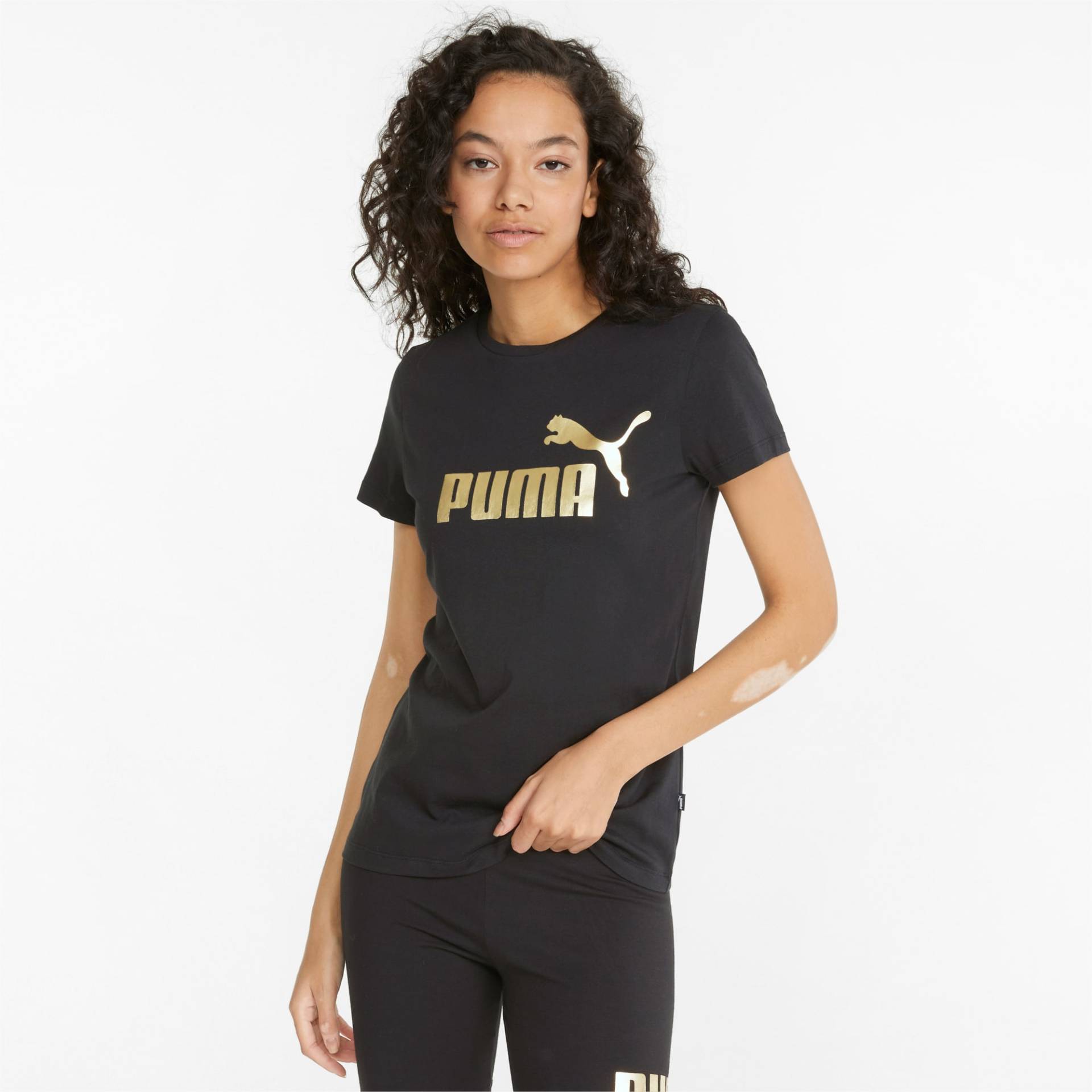 PUMA Essentials+ Metallic Logo T-Shirt Damen, Schwarz/Gold, Größe: L, Kleidung von PUMA