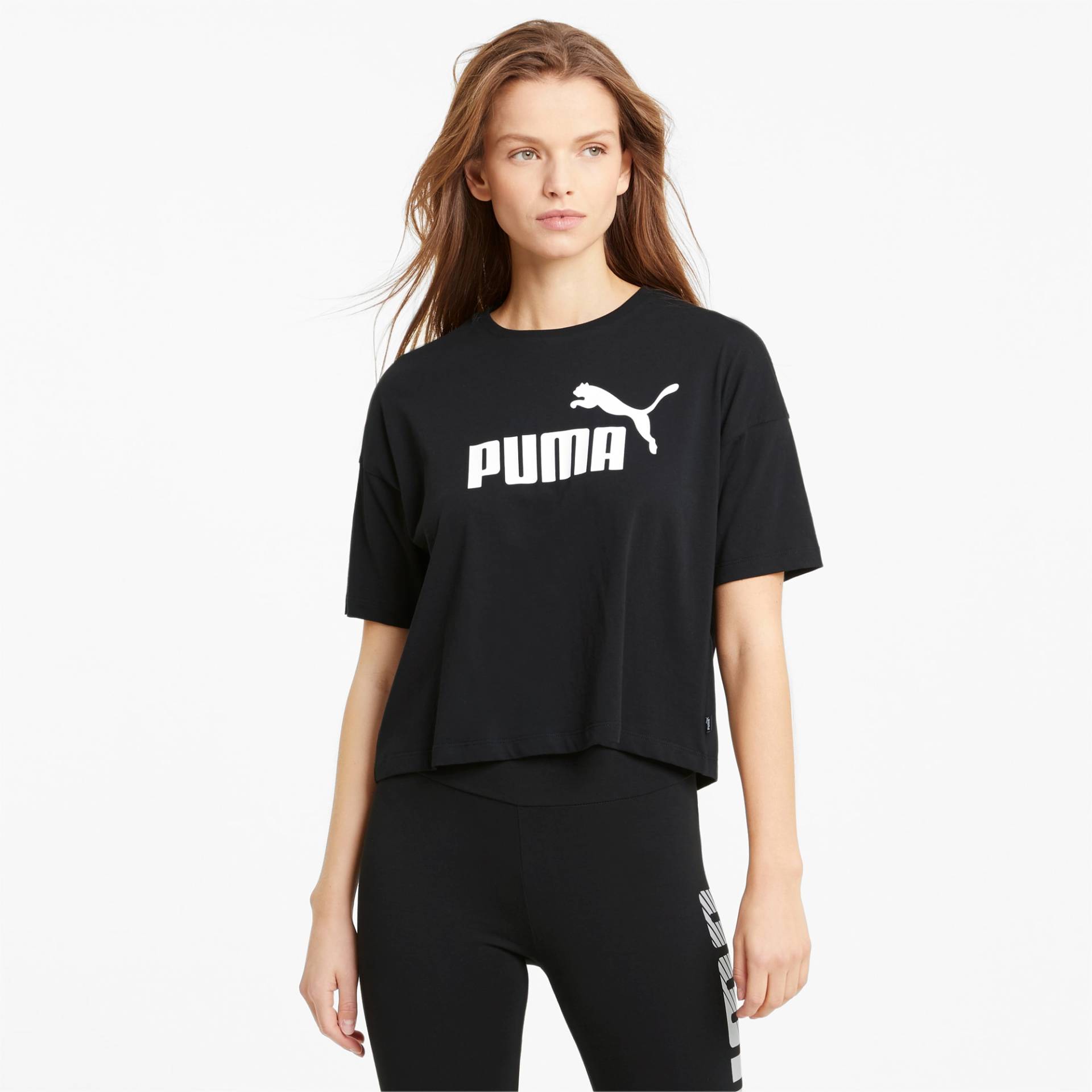 PUMA Essentials Logo Cropped Damen T-Shirt, Schwarz, Größe: L, Kleidung von PUMA