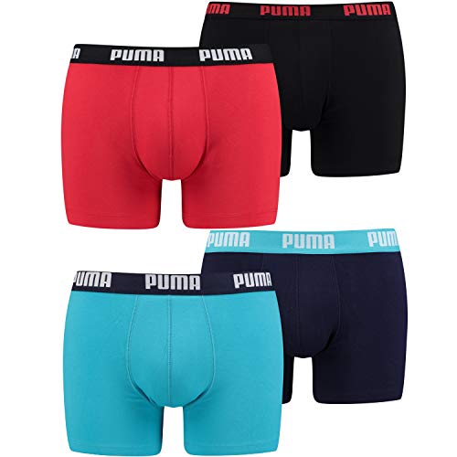 PUMA Herren Boxer Basic Unterhosen 4er Pack 521015001 (Red/Black(786)/Aqua Blue (796), L) von PUMA