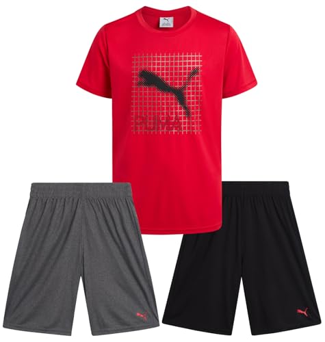 PUMA Jungen Active Short Set - 3-teiliges Kurzarm-Logo-Grafik-T-Shirt und Poly-Interlock-Mesh-Shorts für Jungen (Größen: 4-16), Rot/Schwarz, 10/12 von PUMA