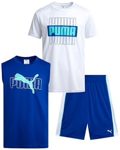 PUMA Jungen Active Shorts Set - 3-teiliges Performance T-Shirt, Dry Fit Tank Top und Gym Shorts - Activewear Set für Jungen (4-16), Weiß/Blau, 8 von PUMA