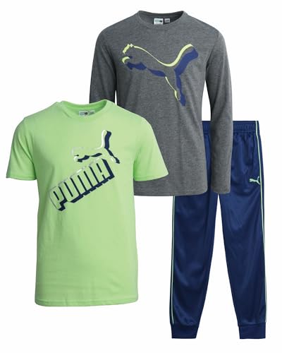 PUMA Jungen-Sweathosen-Set – 3-teiliges Fleece-Pullover-Langarm-Shirt, Jungen-T-Shirt und Jogginghose, Sportbekleidungsset für Kinder (8–16), Anthrazit/Neon-Limette, 4 von PUMA