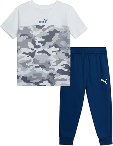 PUMA Jogger-Set für Kleinkinder, Jungen, 2-teilig, kurzärmelige T-Shirts und Active-Fleece-Jogginghose für Jungen, athletisches Set (18M-5T), Weiß, Camouflage/Blau, 2 Jahre von PUMA