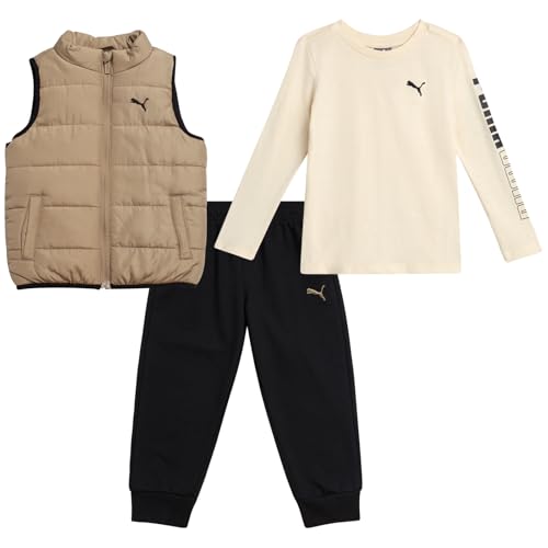 PUMA Kleinkind Jungen Sweatpants Set - 3-teiliges Kleinkind-Sweatshirt, Jungen-Jogginghose und Kinder Pufferweste, Activewear Set (2T-7), Helles Braun, 4 Jahre von PUMA