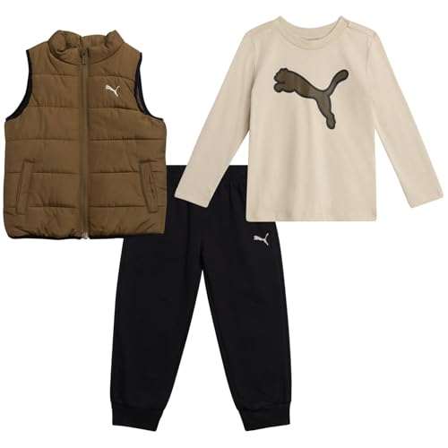 PUMA Kleinkind Jungen Sweatpants Set - 3-teiliges Kleinkind-Sweatshirt, Jungen-Jogginghose und Kinder Pufferweste, Activewear Set (2T-7), Pistazie Frost, 4 Jahre von PUMA