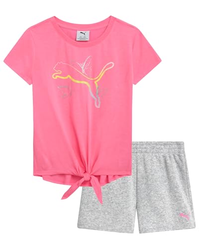 PUMA Mädchen Active Shorts Set 2 Stück Performance T-Shirt Gym Shorts Bike Shorts Athletic Outfit für Mädchen (7-14), Knockout Pink/Grau, 7 von PUMA
