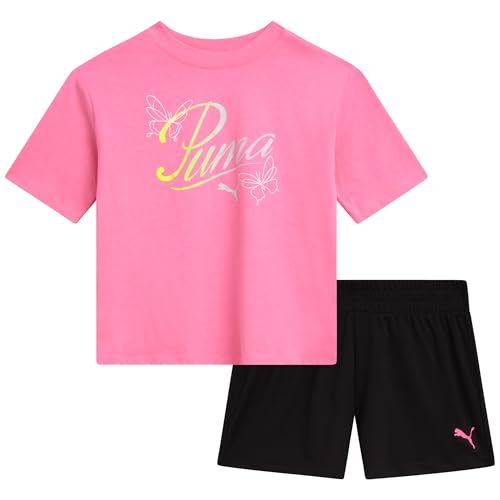 PUMA Sport-Shorts-Set für Mädchen, 2-teiliges Active-Performance-T-Shirt und Fitness-Bike-Shorts, Sportbekleidungsset für Mädchen (7–14), Knockout Pink/Schwarz, 8-10 von PUMA