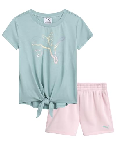 PUMA Sport-Shorts-Set für Mädchen, 2-teiliges Active-Performance-T-Shirt und Fitness-Bike-Shorts, Sportbekleidungsset für Mädchen (7–14), Mintgrün, 7 von PUMA