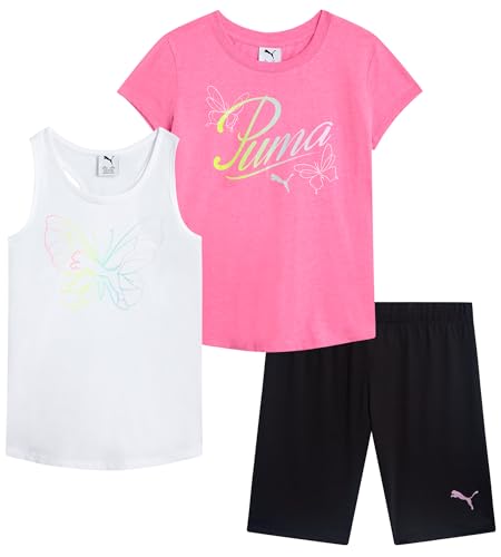 PUMA Mädchen Active Shorts Set 3 Stück Performance T-Shirt Tank Top Bike Shorts Sommer Athletic Outfit für Mädchen (7-14), Fuchsia/Weiß/Schwarz, 12-14 von PUMA