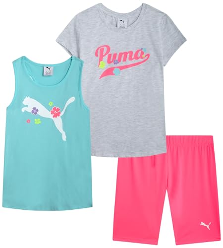 PUMA Mädchen Active Shorts Set 3 Stück Performance T-Shirt Tank Top Bike Shorts Sommer Athletic Outfit für Mädchen (7-14), Grau/Minze/Rosa, 12-14 von PUMA