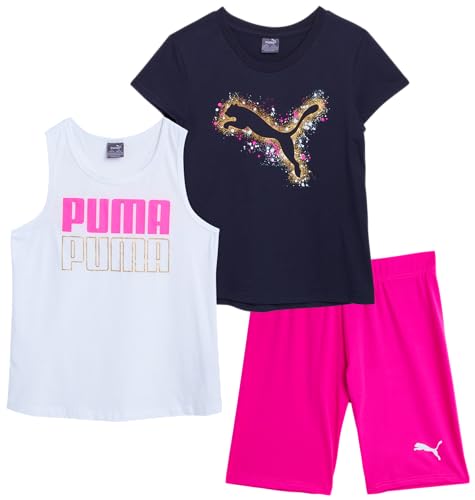 PUMA Mädchen Active Shorts Set 3 Stück Performance T-Shirt Tank Top Bike Shorts Sommer Athletic Outfit für Mädchen (S-XL), Pariser Nacht (Parisian Night), Small von PUMA