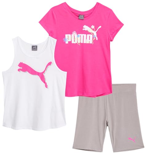 PUMA Mädchen Active Shorts Set 3 Stück Performance T-Shirt Tank Top Bike Shorts Sommer Athletic Outfit für Mädchen (S-XL), Ravish, Small von PUMA