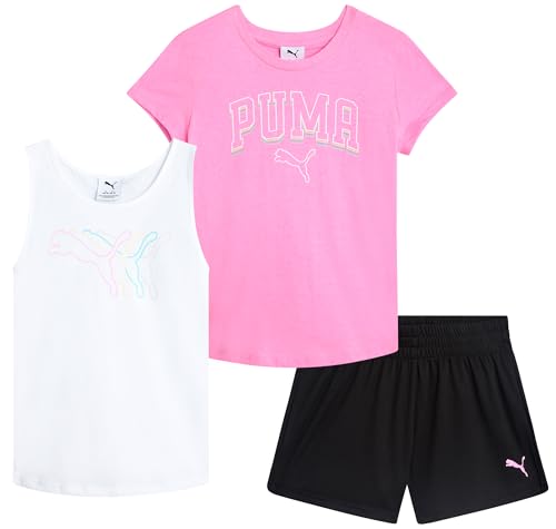 PUMA Mädchen Active Shorts Set - 3-teiliges Performance T-Shirt Tank Top Gym Shorts Sommer Athletic Outfit für Mädchen (7-14), Pink Delight, 12-14 von PUMA