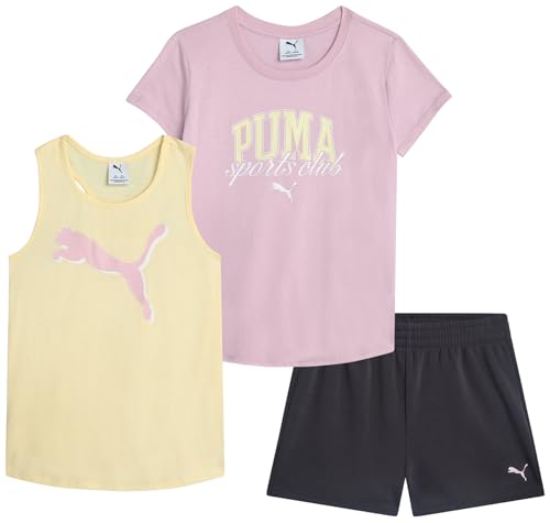 PUMA Mädchen Active Shorts Set - 3-teiliges Performance T-Shirt Tank Top Gym Shorts Sommer Athletic Outfit für Mädchen (7-14), Rosa/malvenfarben, 12-14 von PUMA