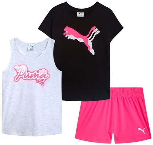 PUMA Mädchen Active Shorts Set - 3-teiliges Performance T-Shirt Tank Top Gym Shorts Sommer Athletic Outfit für Mädchen (7-14), Schwarz/Hellgrau/Rosa, 7 von PUMA