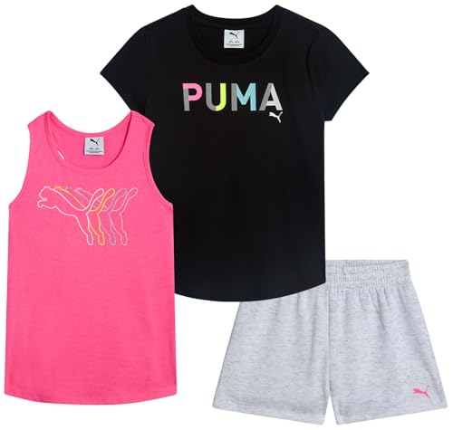 PUMA Mädchen Active Shorts Set - 3-teiliges Performance T-Shirt Tank Top Gym Shorts Sommer Athletic Outfit für Mädchen (7-14), Schwarz/Rosa/Grau, 7 von PUMA