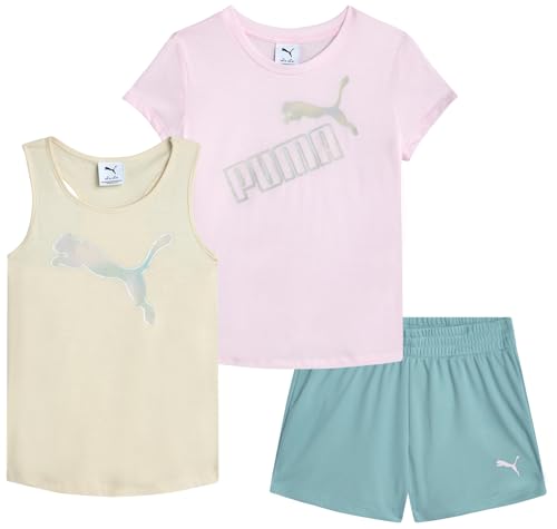 PUMA Mädchen Active Shorts Set - 3-teiliges Performance T-Shirt Tank Top Gym Shorts Sommer Athletic Outfit für Mädchen (7-14), Whisp of Pink, 12-14 von PUMA