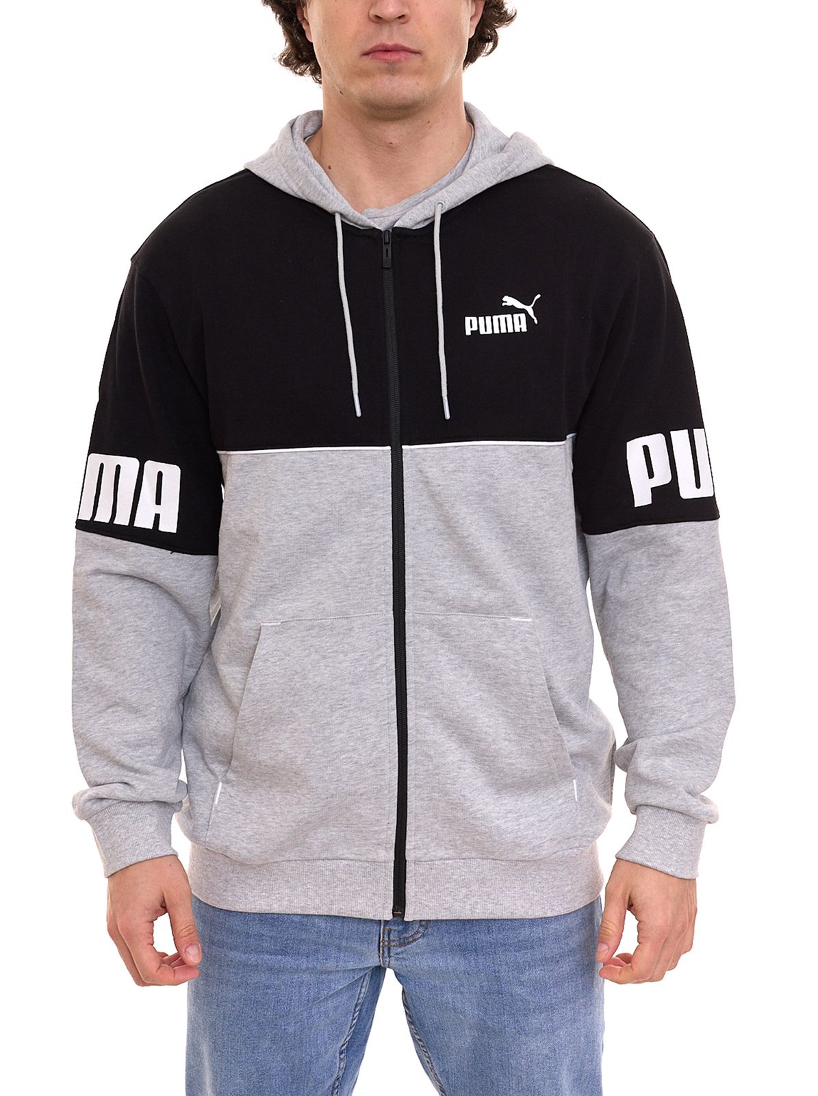 PUMA Power Full-Zip Herren Hoodie aus Baumwolle nachhaltiger Kapuzen-Sweater 849842 04 Grau/Schwarz von PUMA