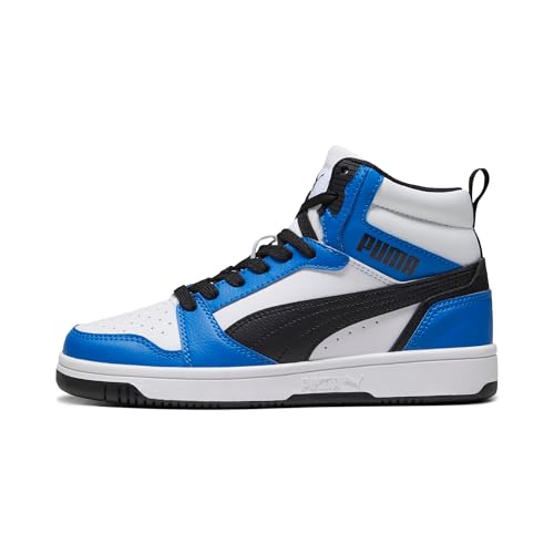 PUMA Unisex Kinder Rebound V6 Mid Jr Sneaker, Puma White Puma Black Racing Blue, 37.5 EU von PUMA