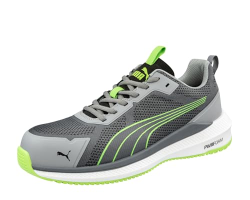 PUMA Safety Slide Low S1PS Sicherheitsschuh ESD – atmungsaktiv, metallfrei, vegan – rutschfeste Arbeitsschuhe mit Fiberglaskappe - Größe 43 – Damen & Herren Sicherheitsschuhe – grau, grün von PUMA