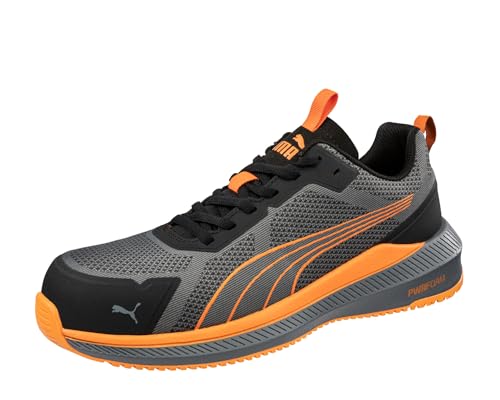 PUMA Safety Slide Low S1PS Sicherheitsschuh ESD – atmungsaktiv, metallfrei, vegan – rutschfeste Arbeitsschuhe mit Fiberglaskappe - Größe 42 – Damen & Herren Sicherheitsschuhe – grau, orange von PUMA