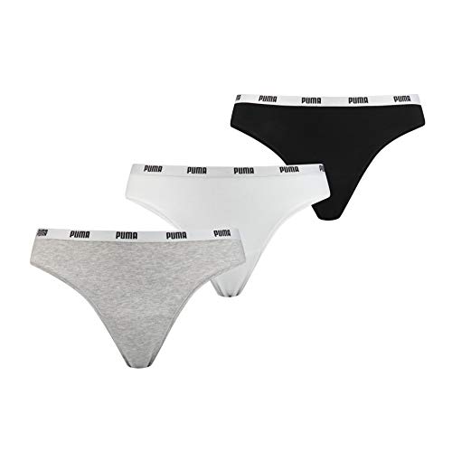 PUMA Frauen String Thong 3er Pack Höschen, Weiß/Grau/Schwarz, L von PUMA