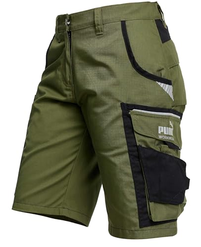 PUMA Workwear Precision X Arbeitsshorts - Kurze Arbeitshose Damen - Robustes, Flexibles Material - Cargohose mit vielen Taschen - Bequeme Passform für Handwerk & Gewerbe - Oliv/Schwarz - Gr. 50 von PUMA