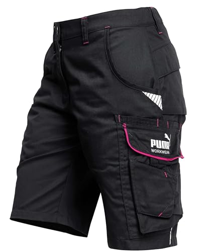 PUMA Workwear Precision X Arbeitsshorts - Kurze Arbeitshose Damen - Robustes, Flexibles Material - Cargohose mit vielen Taschen - Bequeme Passform für Handwerk & Gewerbe - Schwarz/Pink - Gr. 44 von PUMA